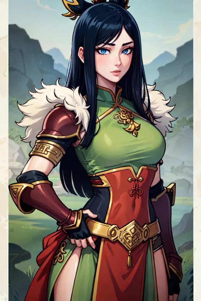 This is an image of a young woman with long black hair and blue eyes. She is wearing a green and red outfit with gold trim. She is also wearing a white fur cape and a brown belt with a gold buckle. She is standing in a field with a mountain in the background.