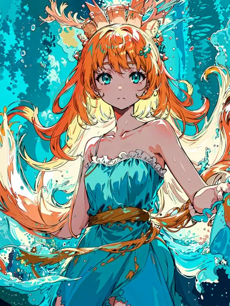 The picture shows a girl with long orange hair and blue eyes. She is wearing a blue dress with a brown belt. She is standing in the water, and there are waves crashing around her. The background is a light blue color.