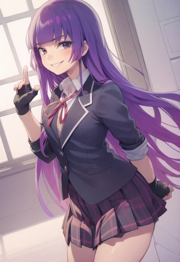 A imagem mostra uma garota com cabelo roxo e olhos roxos. Ela está usando um uniforme escolar composto por um blazer preto, uma camisa branca e uma saia plissada cinza. Ela também está usando uma fita vermelha em volta do pescoço e luvas pretas. A garota está em pé em uma sala com uma parede branca e uma janela grande. Ela tem um sorriso confiante no rosto e está apontando para o espectador com a mão direita.