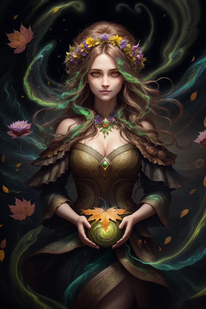 This image shows a beautiful woman, with long, flowing green and brown hair. She is wearing a green dress with a plunging neckline and a gold necklace with an emerald in the center. She is holding a glowing green ball in her hands and is surrounded by green and brown leaves. She has a flower crown on her head and her eyes are a light brown color.