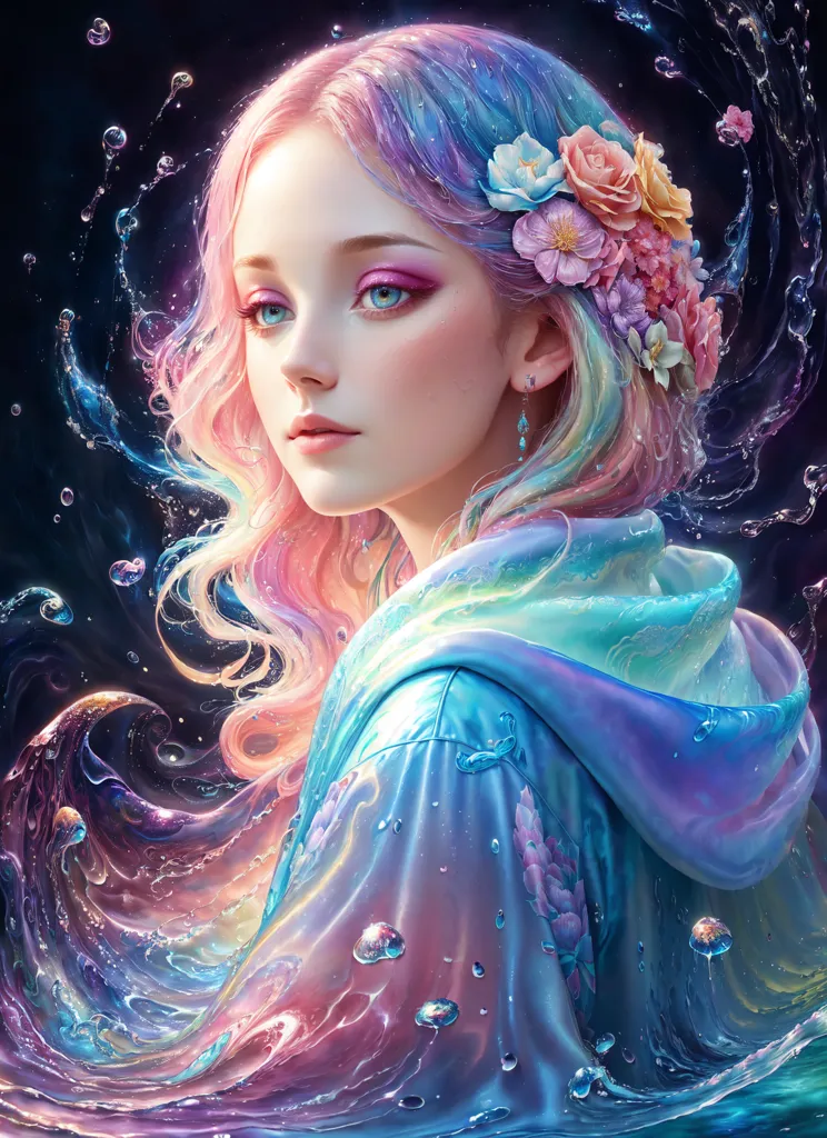 L'image est un portrait d'une belle femme aux longs cheveux roses et bleus ondulants. Elle porte une cape bleue avec une capuche bordée de fleurs roses. Les yeux de la femme sont bleus et sa peau est claire. Elle est entourée de gouttelettes d'eau. L'arrière-plan est bleu foncé.