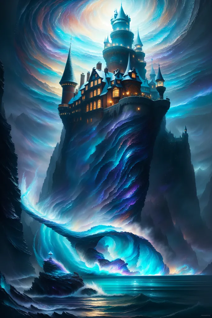 The image is a digital painting of a fantasy castle. The castle is perched on a rocky cliff overlooking a stormy sea. The sky is dark and filled with swirling clouds. The castle is made of gray stone and has a tall tower. The image is full of details, such as the waves crashing against the cliffs and the birds flying in the sky. The image is also very atmospheric, and it captures the feeling of a stormy day.