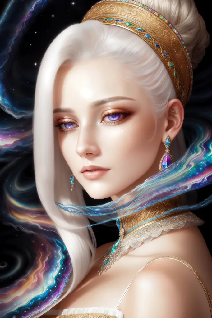 The image shows a beautiful woman with long white hair and purple eyes. She is wearing a golden crown and a white dress with a blue sash. She is also wearing a necklace and earrings. The background is a dark blue night sky with stars.