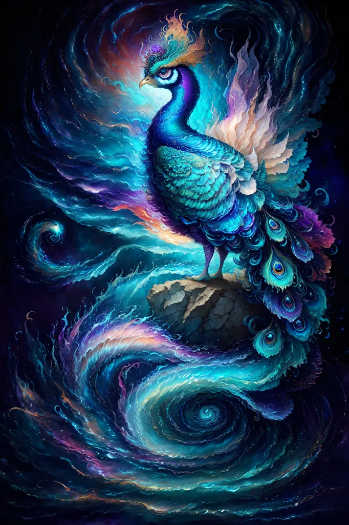 The image is a depiction of a peacock with vibrant colors. The peacock is standing on a rock in the center of the image, its tail feathers spread out behind it in a fan-like shape. The feathers are a deep blue color, with intricate patterns of green, yellow, and purple. The peacock's head and neck are a bright blue color, with a crest of feathers on its head. The background of the image is a dark blue color, with swirling clouds of white and purple. The peacock is looking to the right of the frame.