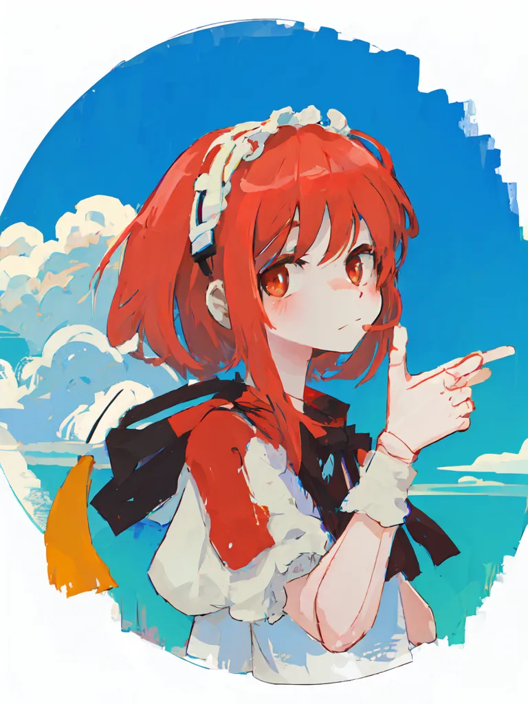 The image is a painting of a young girl with bright red hair and orange eyes. She is wearing a white and red maid outfit with a black bow in her hair. She has a playful expression on her face and is pointing to the right with her right hand. The background is a blue sky with white clouds. The painting is done in a semi-realistic style with bright colors and soft shading.