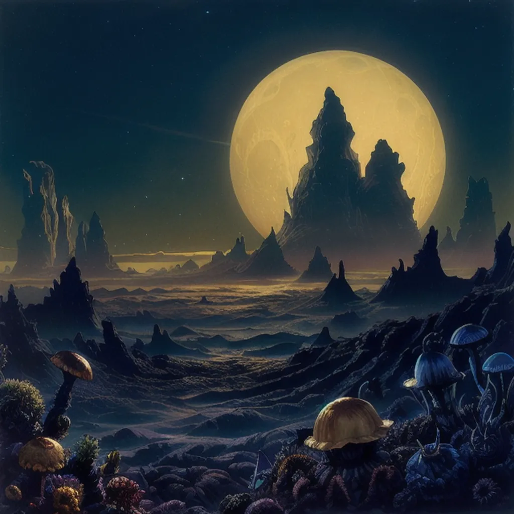 The image is set on an alien planet with a large moon in the background. The moon is yellow and has a cratered surface. The planet's surface is covered in rocks and mountains, with some vegetation visible in the foreground. The sky is dark and there are stars visible.