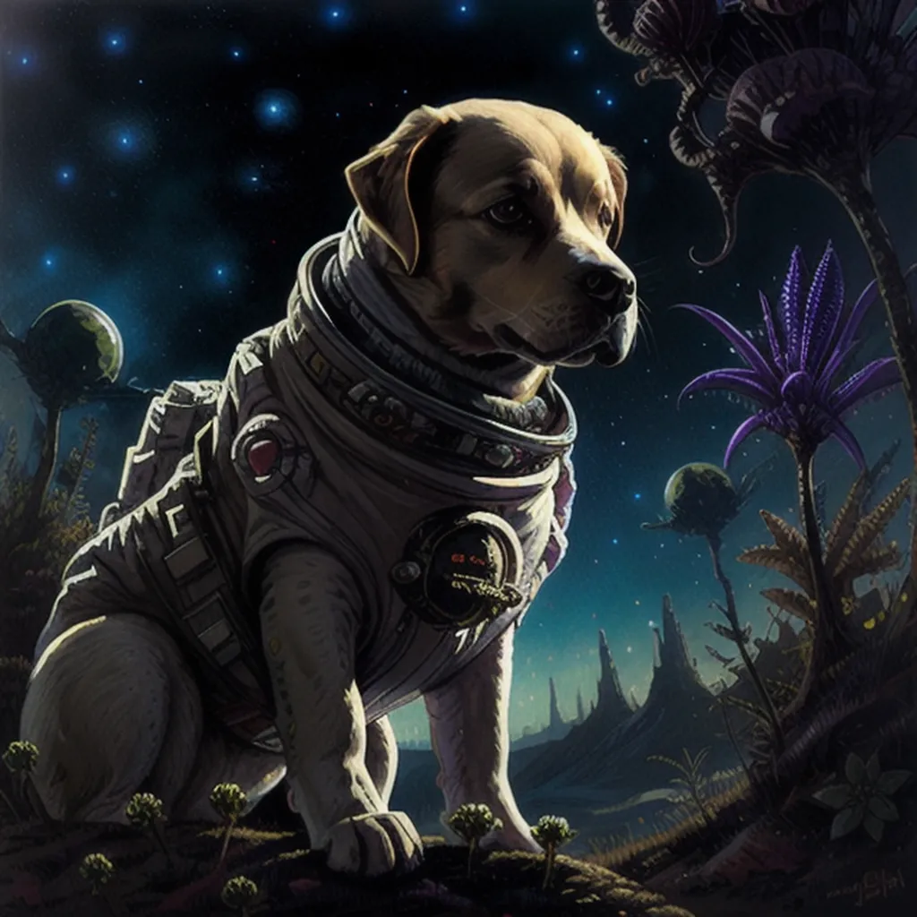 The image shows a dog wearing a spacesuit with a helmet on its head. The dog is sitting on a rocky surface with a starry night sky in the background. There are also some plants and flowers on the ground near the dog. The dog is looking to the right of the frame, which is an angle that makes its face and the spacesuit easily visible.