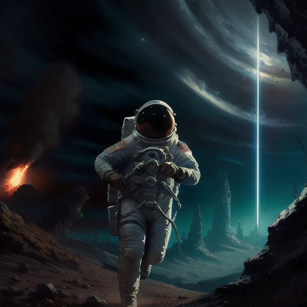 This is an image of an astronaut running on a rocky moon-like terrain. The astronaut is wearing a white spacesuit with a helmet and a backpack. The surface of the moon is dark and rocky, with large craters and mountains in the background. There is a bright light coming from the right side of the image, which is illuminating the astronaut and the surrounding area. There are also some clouds of gas or smoke in the background.