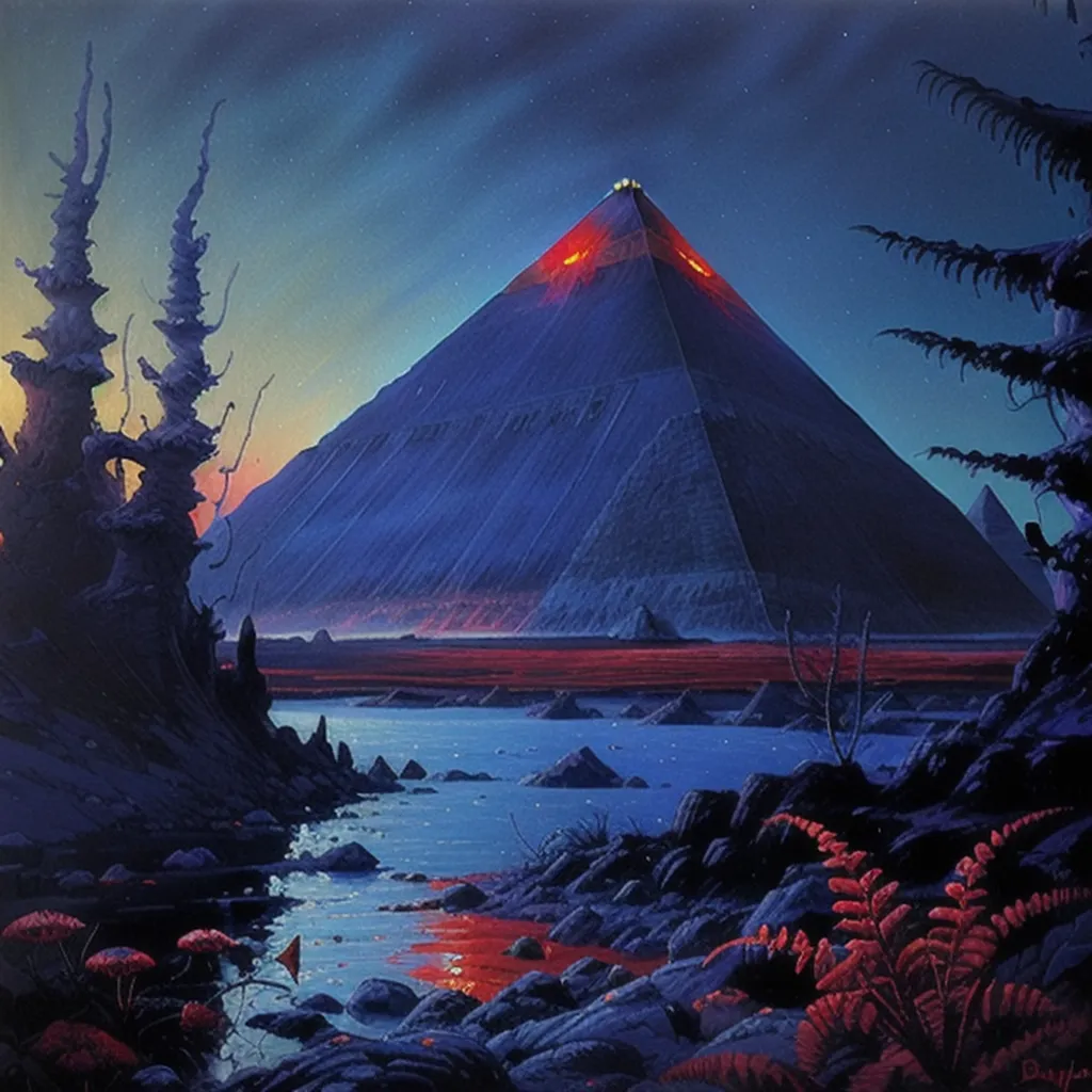 The image is a science fiction painting of a pyramid on a distant planet. The pyramid is black and has a glowing red light at the top. There is a river of red liquid in front of the pyramid, and the ground is covered in strange plants. The sky is dark and there are no stars visible.