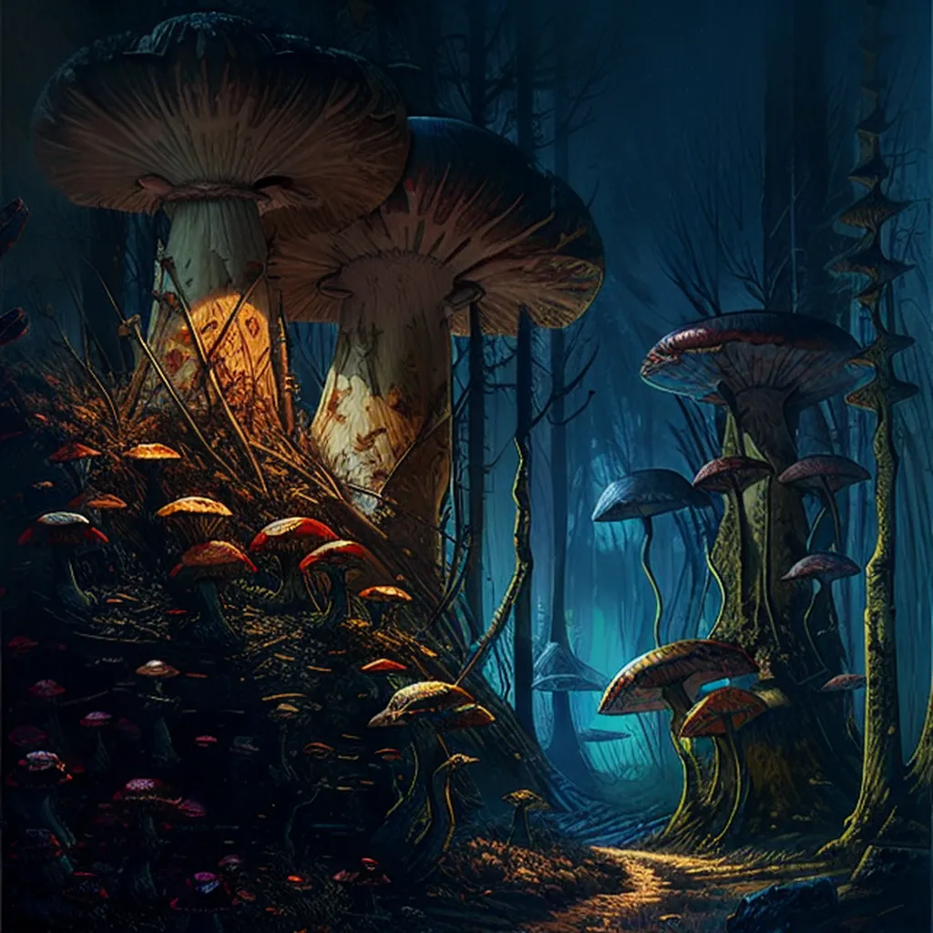 The image is a dark and mysterious forest. The trees are tall and the branches are thick. The ground is covered in a thick layer of leaves and moss. There is a path leading through the forest, but it is barely visible. The only light comes from a few small mushrooms that are glowing in the darkness.

The mushrooms are all different colors and shapes. Some of them are tall and thin, while others are short and fat. Some of them are red, while others are yellow or green. The mushrooms are all different sizes, too. Some of them are as big as a house, while others are only as big as a thimble.

The forest is full of strange and wonderful creatures. There are fairies, elves, and other magical beings. There are also animals, such as deer, rabbits, and bears. The creatures all live in harmony with each other, and they all help to keep the forest safe.

The forest is a place of mystery and wonder. It is a place where anything is possible. It is a place where dreams come true.