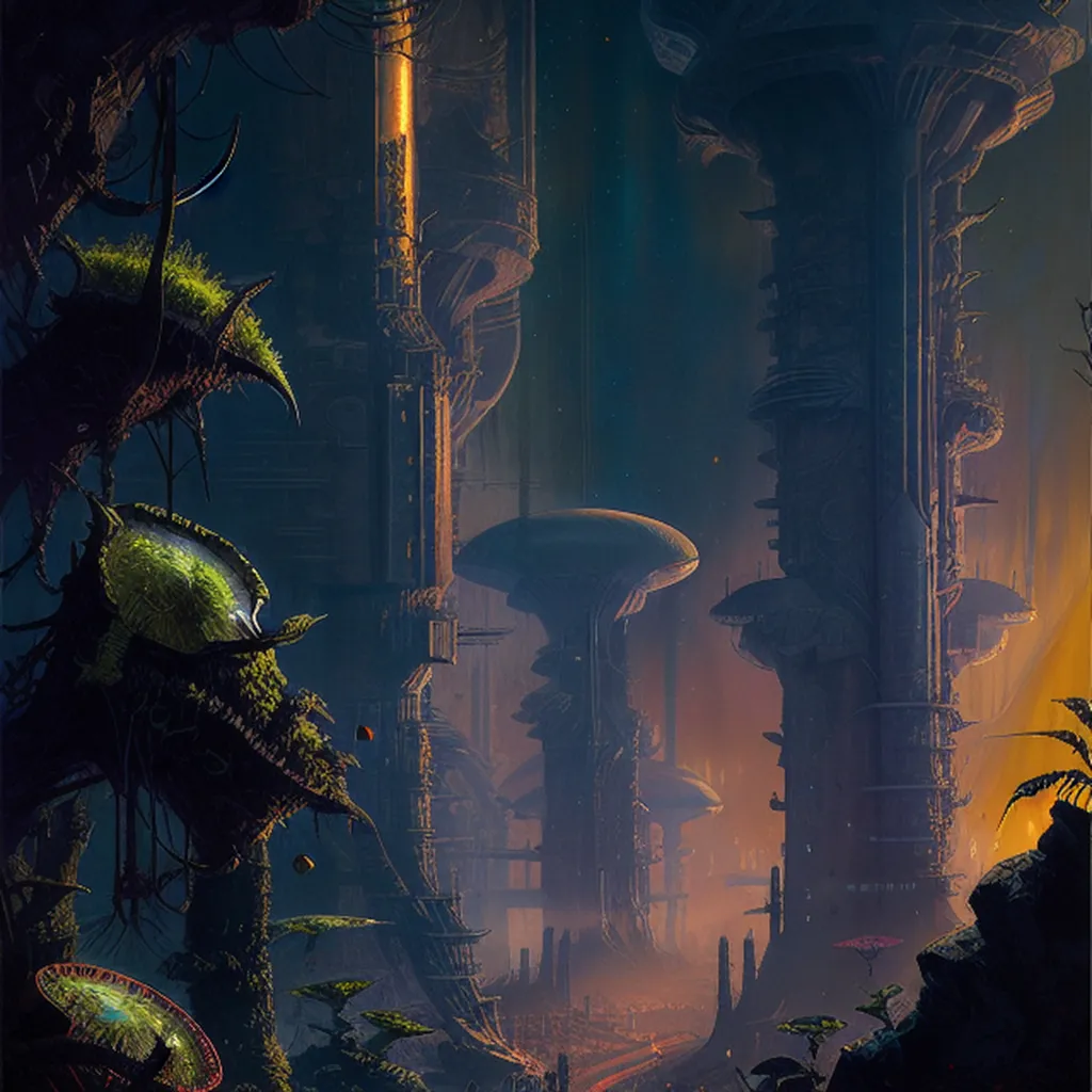 The image shows a futuristic city with tall buildings and lush vegetation. The buildings are covered in plants and there are trees and other plants growing in between them. The sky is dark and there is a bright light in the distance. The city is overgrown with plants and it looks like it has been abandoned.