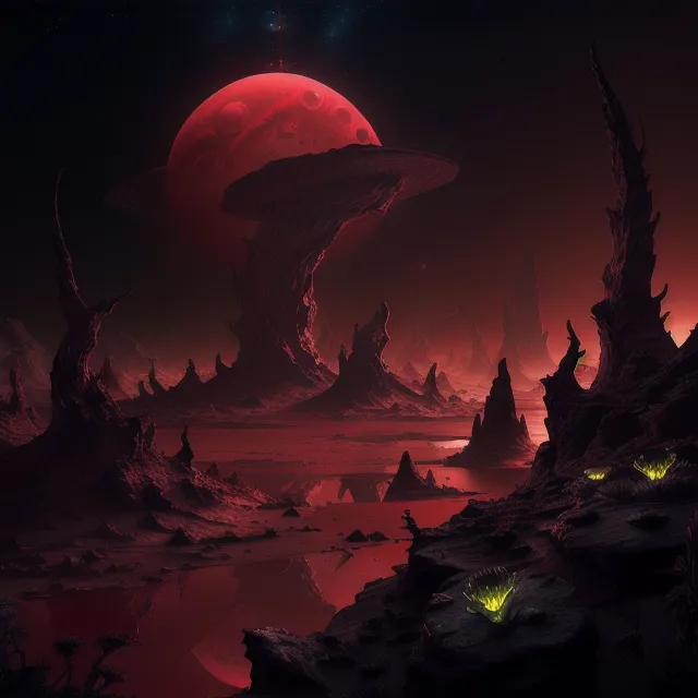 The image is set on a alien landscape with a large, red moon in the background. The moon is surrounded by a red haze, and the surface of the planet is covered in red rocks and craters. There are also several large, red crystals sticking out of the ground. The image is very dark and moody, and the only light comes from the moon and the cry