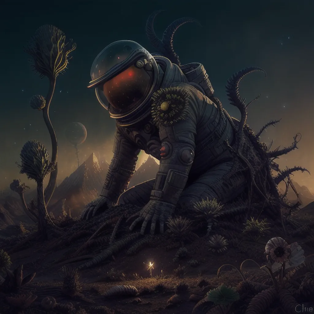 The image is set on an alien planet with a dark, rocky landscape. The astronaut is wearing a spacesuit and is kneeling on the ground, examining a small, glowing plant. The astronaut's helmet is cracked, and there are several tears in the spacesuit, suggesting that the astronaut has been through a lot. The background of the image is a dark, starry sky with two moons.