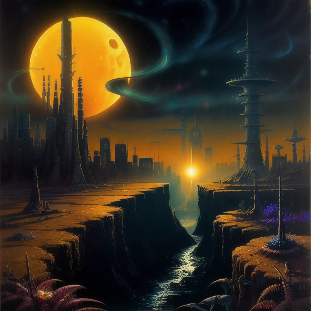 The image shows a futuristic city on a distant planet. The city is built on a canyon, and is surrounded by tall buildings and towers. The sky is dark, and there is a large moon in the background. The city is lit up by artificial lights, and there are several spaceships flying