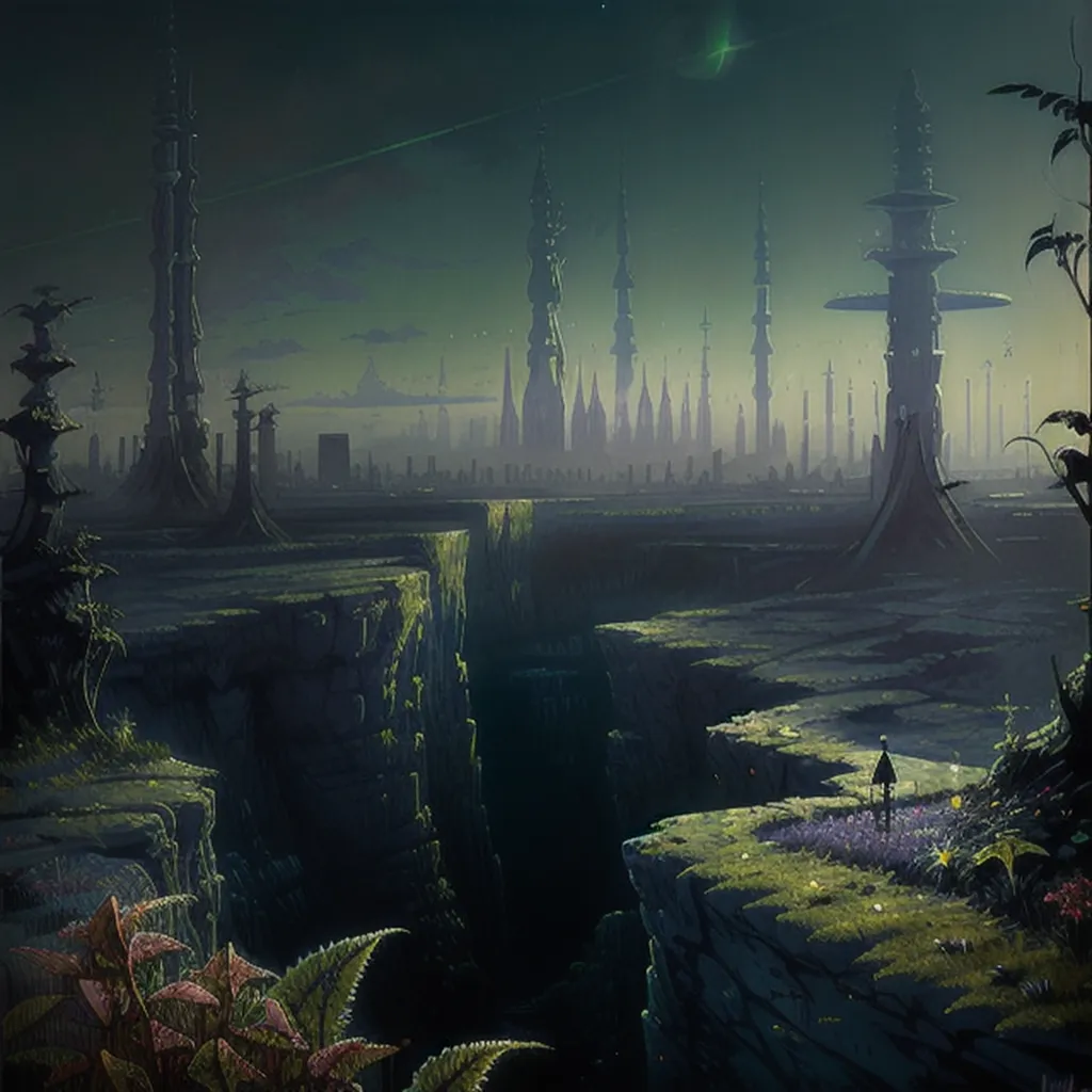 The image is a dark and mysterious landscape. The ground is cracked and broken, and there is a large chasm in the middle of the image. The sky is dark and there are no visible stars or moon. The only light comes from a few small plants that are growing in the foreground. In the distance, there is a large city with tall buildings and towers. The city is surrounded by a large wall.