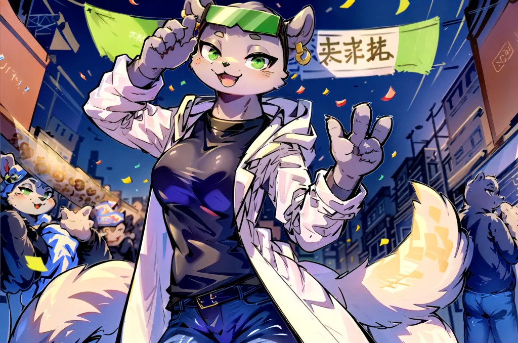 The image shows a furry character, which is a wolf with human-like characteristics, such as standing on two legs and wearing clothes. The character is wearing a lab coat over a black shirt and jeans. They have green eyes and are wearing green goggles. They are also wearing a gold earring in their left ear. The character is standing in a city street, with a crowd of other furry characters behind them. The character is smiling and waving at the crowd. There is a banner above them that says "Mirai-machi" in Japanese, which means "City of the Future".