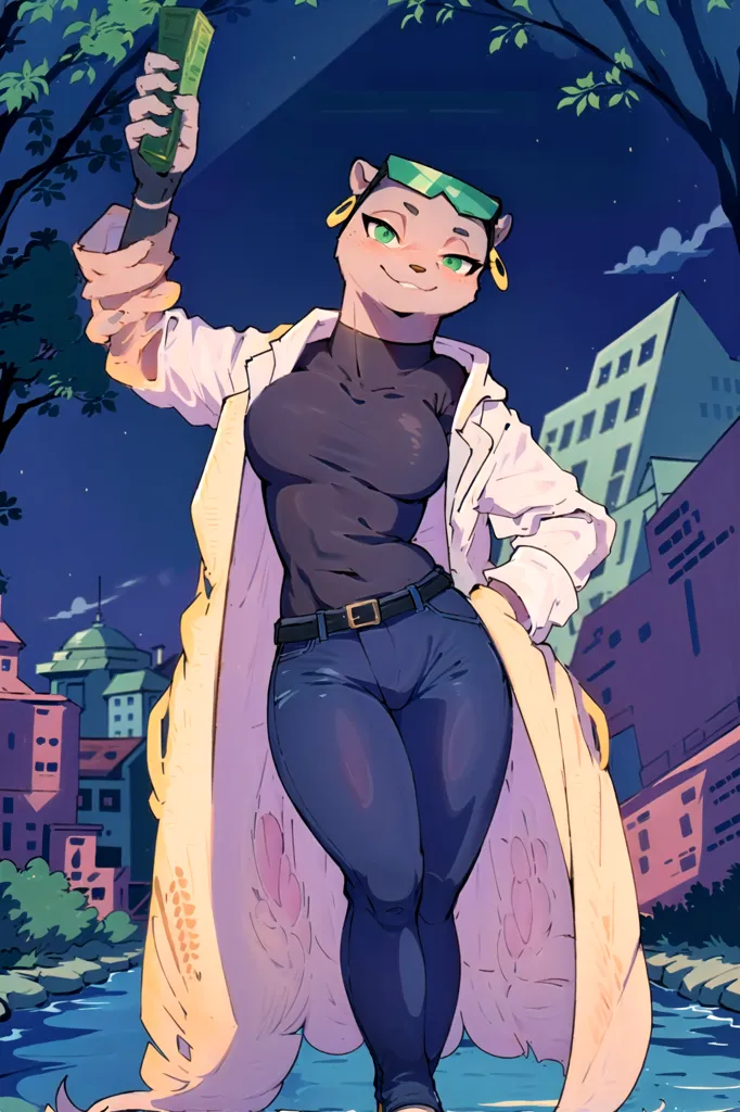 The image is of an anthropomorphic otter in a lab coat and jeans. She is standing in front of a city at night. She has a determined look on her face and is holding a glowing green test tube in her hand. She is wearing a pair of goggles on her head and has a belt around her waist. Her tail is swishing behind her.