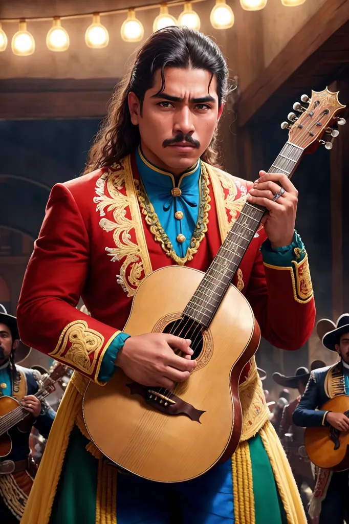 This image shows a man wearing a red jacket with gold and green embroidery playing the guitar. He has long dark hair and a mustache. He is standing in front of a group of other musicians who are also playing guitars. They are all wearing traditional Mexican clothing. The background is a blurred image of a stage with a crowd of people.