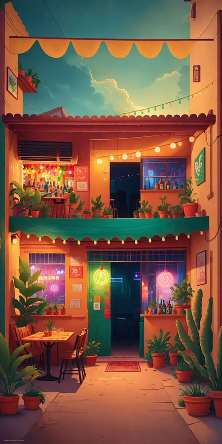 L'image montre un bar latino coloré et vibrant avec un ciel bleu en arrière-plan. Il y a deux étages. Au rez-de-chaussée, il y a un bar avec un auvent vert et quelques tables et chaises à l'extérieur. Il y a aussi des plantes et des fleurs au sol. Au deuxième étage, il y a un balcon avec des plantes et des fleurs, et quelques personnes sont assises à des tables. Le bar est éclairé par des lumières colorées.