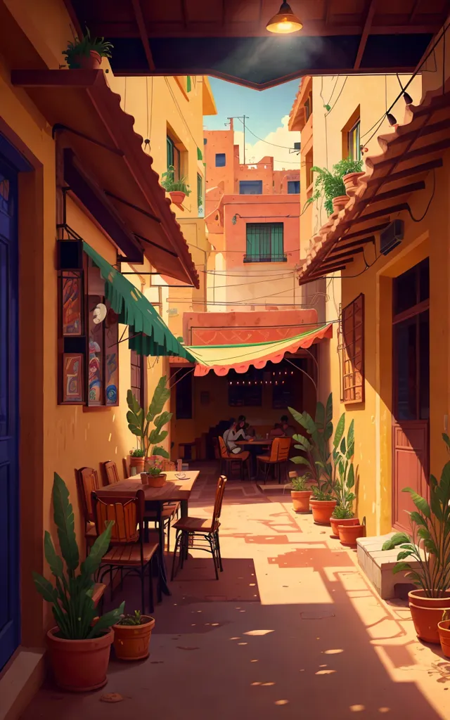 The image is a street scene in a Middle Eastern or North African city. The street is narrow and cobbled, and lined with tall buildings. The buildings are painted in a variety of colors, and have wooden shutters and balconies. There are a few trees and plants in the street, and the sun is shining brightly. There are two people sitting at a table outside a cafe, and a few other people walking around. The image is peaceful and relaxing, and captures the beauty of the المدينة