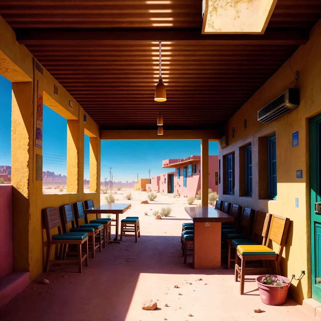 The image shows a colorful, covered patio with several tables and chairs. The floor is made of stone tiles, and the walls are painted in various bright colors. There is a pink air conditioning unit on one wall, and a blue door leads into the building. The patio is located in a desert setting, and there are mountains in the distance. The sky is clear and blue.