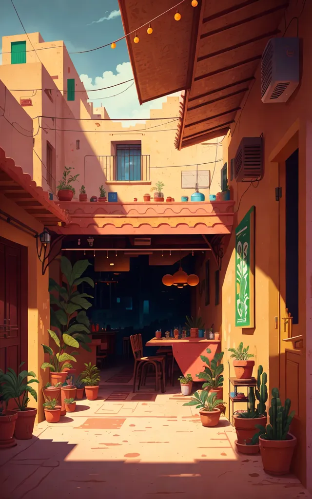 This is an illustration of a narrow alleyway in a Mediterranean city. The buildings on both sides are painted in warm colors and have small windows and doors. The alleyway is covered by a pergola with a few hanging lights. There are many potted plants on the ground and on the small balconies. There is a table with two chairs in front of a small restaurant. The alleyway is lit by the sun and there are some shadows on the ground.