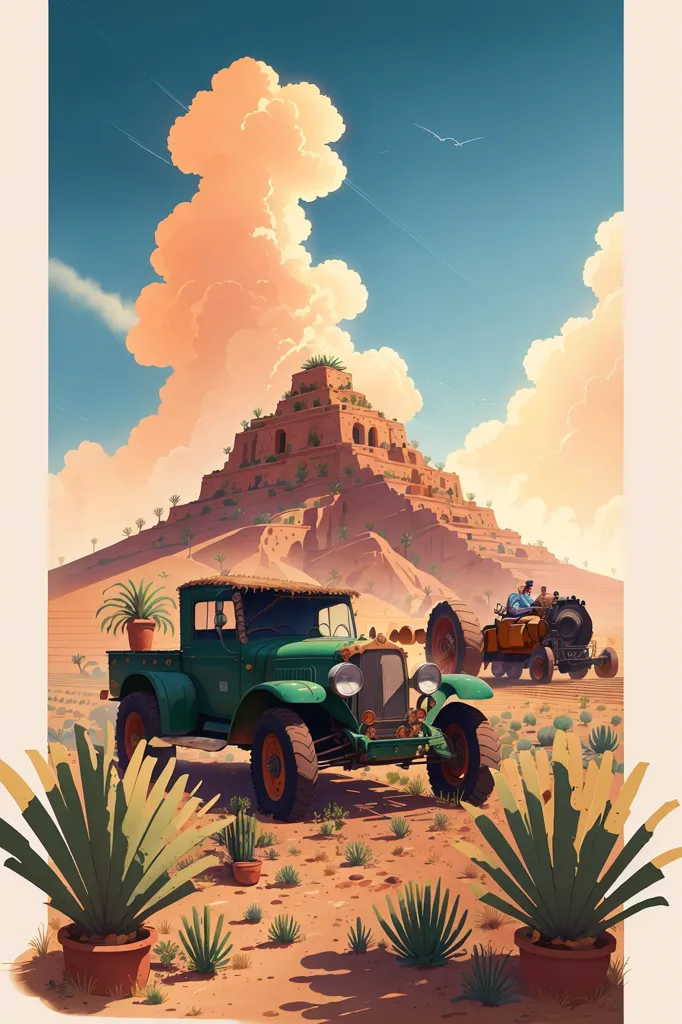 The image shows a large, stepped pyramid made of reddish-brown bricks, similar to the ancient Mesopotamian ziggurats. It is set in a desert landscape with a blue sky and white clouds. There are two vehicles in the foreground, both of which are green. The one on the left is a pickup truck with a camper shell, and the one on the right is a tractor. There are also several plants in the foreground, including two potted plants and some cacti.