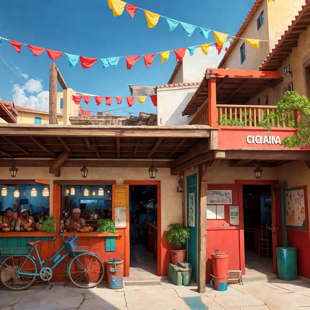 La imagen muestra una escena callejera colorida y animada en un pueblo mediterráneo. Los edificios están pintados en colores brillantes y decorados con banderas y pancartas de colores. Hay plantas y flores creciendo en macetas y barriles en la calle. Una bicicleta está estacionada contra uno de los edificios. Hay dos hombres sentados en una mesa afuera de un restaurante, hablando y riendo. El restaurante tiene un letrero que dice "Cicaina". La calle está hecha de piedra y hay un cielo azul con nubes blancas arriba.