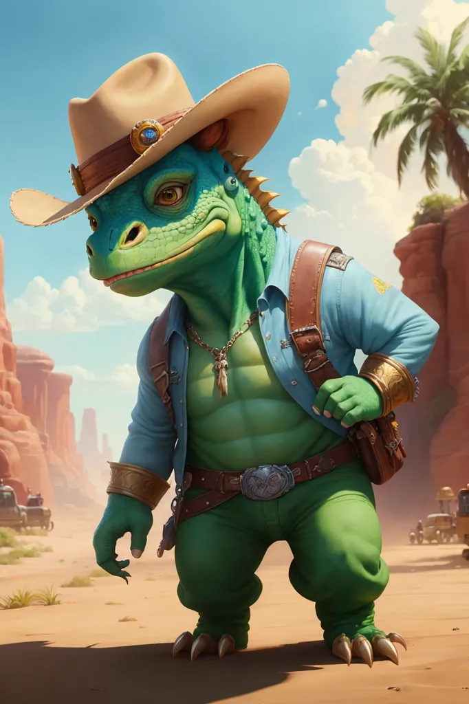 The image shows a green anthropomorphic dinosaur wearing a cowboy hat, shirt, and gun belt. He has a confident expression on his face and is standing in a sandy canyon with a mesa in the background.