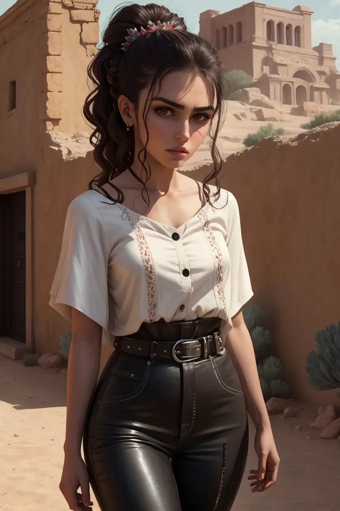 This is an image of a young woman standing in a desert setting. She is wearing a white blouse, black leather pants, and a belt. She has long brown hair and brown eyes. She is looking at the viewer with a serious expression. There are some ruins in the background.