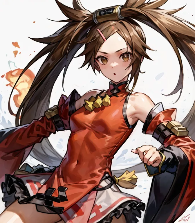 This image is of a young girl with brown hair, orange eyes, and a red Chinese dress. She is in a fighting stance, with her right fist raised and her left hand open. She has a determined expression on her face, and her hair is blowing in the wind. The background is white, with some red and orange splashes.