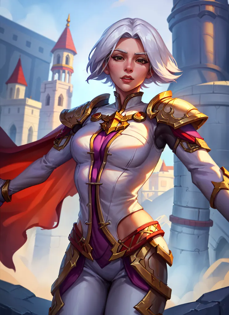 This is an image of a female warrior. She has short white hair and blue eyes. She is wearing a white and gold armor with a red cape. She is standing in a confident pose, with her feet shoulder-width apart and her hands on her hips. She has a determined expression on her face, and it is clear that she is ready for battle. The background is a castle, which suggests that she is a defender of the realm.