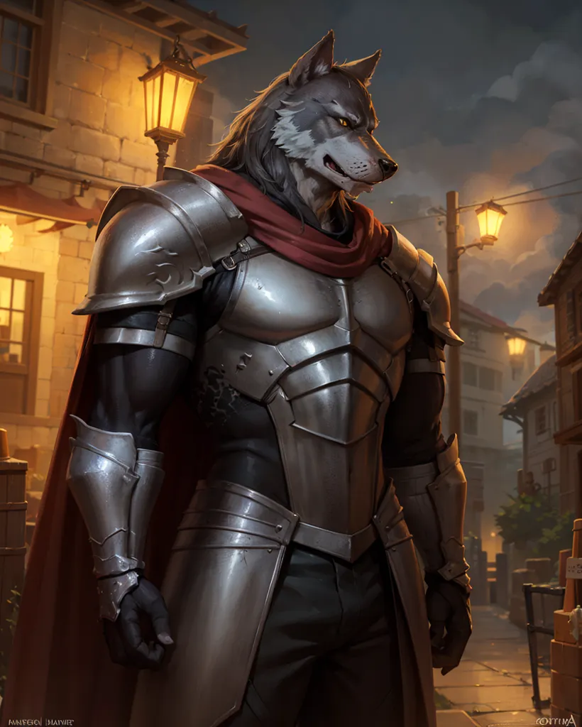 The image is of a muscular wolf-like humanoid wearing silver armor and a red cape. It is standing in a medieval street with a building to the left and street lamps in the background. The wolf-like humanoid is looking to the right of the frame and has a confident expression on its face.