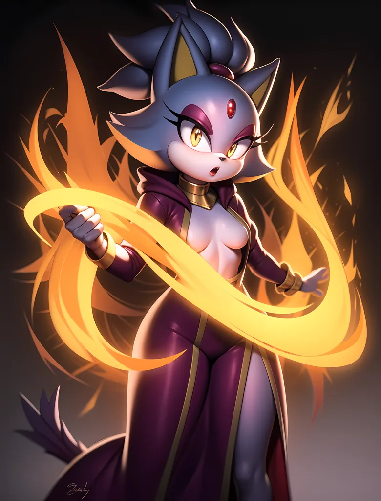 L'image représente Blaze la Chatte de la série Sonic le Hérisson. C'est une chatte violette avec de la fourrure blanche et jaune sur sa poitrine et ses bras. Elle porte une robe violette avec un joyau jaune sur sa poitrine. Elle porte également un collier et des boucles d'oreilles jaunes. Elle a une expression sérieuse sur son visage et regarde le spectateur. Une flamme sort de sa main. L'arrière-plan est sombre avec un dégradé du violet au noir.