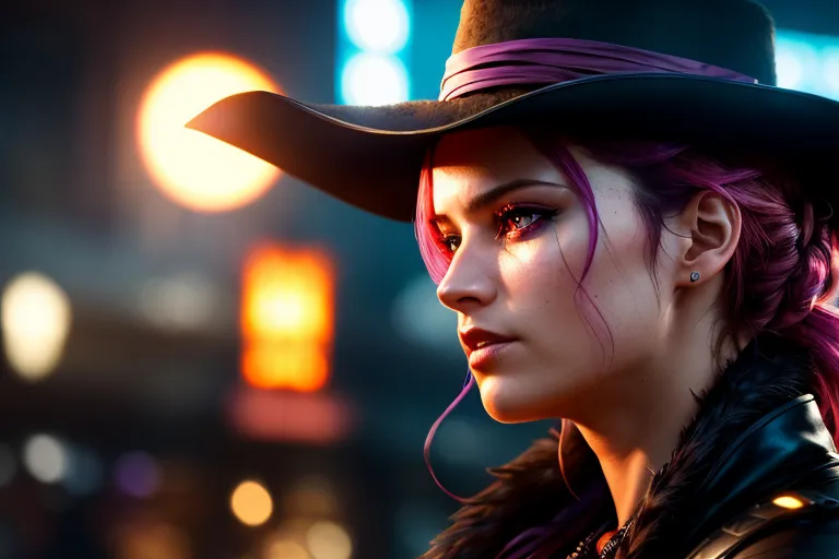 A young woman is wearing a black cowboy hat with a purple sash. She has pink hair and purple eyeshadow. She is wearing a black leather jacket and a white shirt. She has a confident expression on her face. She is standing in a dark place with bright lights in the background.