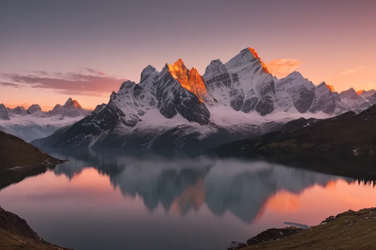 La imagen es un hermoso paisaje de montañas cubiertas de nieve que se reflejan en un lago tranquilo al atardecer. El cielo es un degradado de naranja, rosa y azul, con el sol justo detrás de las montañas. Las montañas están cubiertas de nieve. El lago es de un azul profundo, con las montañas reflejándose en el agua. El primer plano de la imagen es un banco herboso, con algunos árboles y arbustos. La imagen es pacífica y serena, y captura la belleza de la naturaleza.