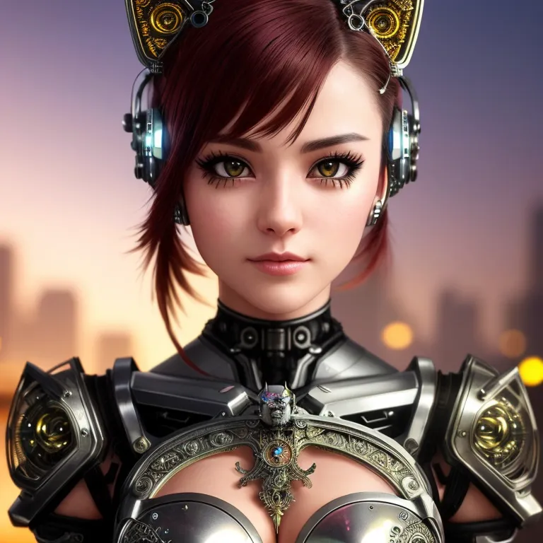 The image is a portrait of a young woman with cat ears. She has short red hair and brown eyes. She is wearing a futuristic outfit with a metal breastplate and a large necklace. She also has a pair of headphones on. The background of the image is a blurred city.