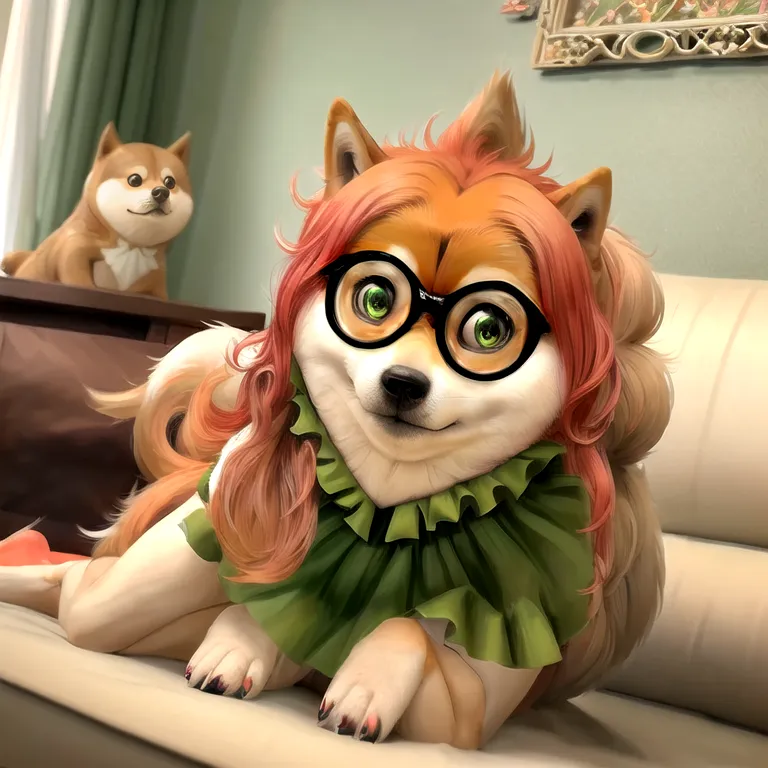 The image shows a Shiba Inu dog wearing a green Elizabethan collar and glasses. It is sitting on a couch and looking at the camera. There is a small statue of a Shiba Inu on the cabinet behind it.