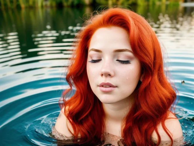 The image shows a young woman with long, curly red hair. She is floating in a lake with her eyes closed and her face tilted upwards. The water is clear and blue-green in color, and the ripples on the surface of the water create a sense of movement. The woman's hair is wet and clings to her shoulders and back. Her skin is pale and flawless. She is wearing a black swimsuit with a low neckline. The image is peaceful and serene, and it captures the beauty of a young woman enjoying a swim in a natural setting.