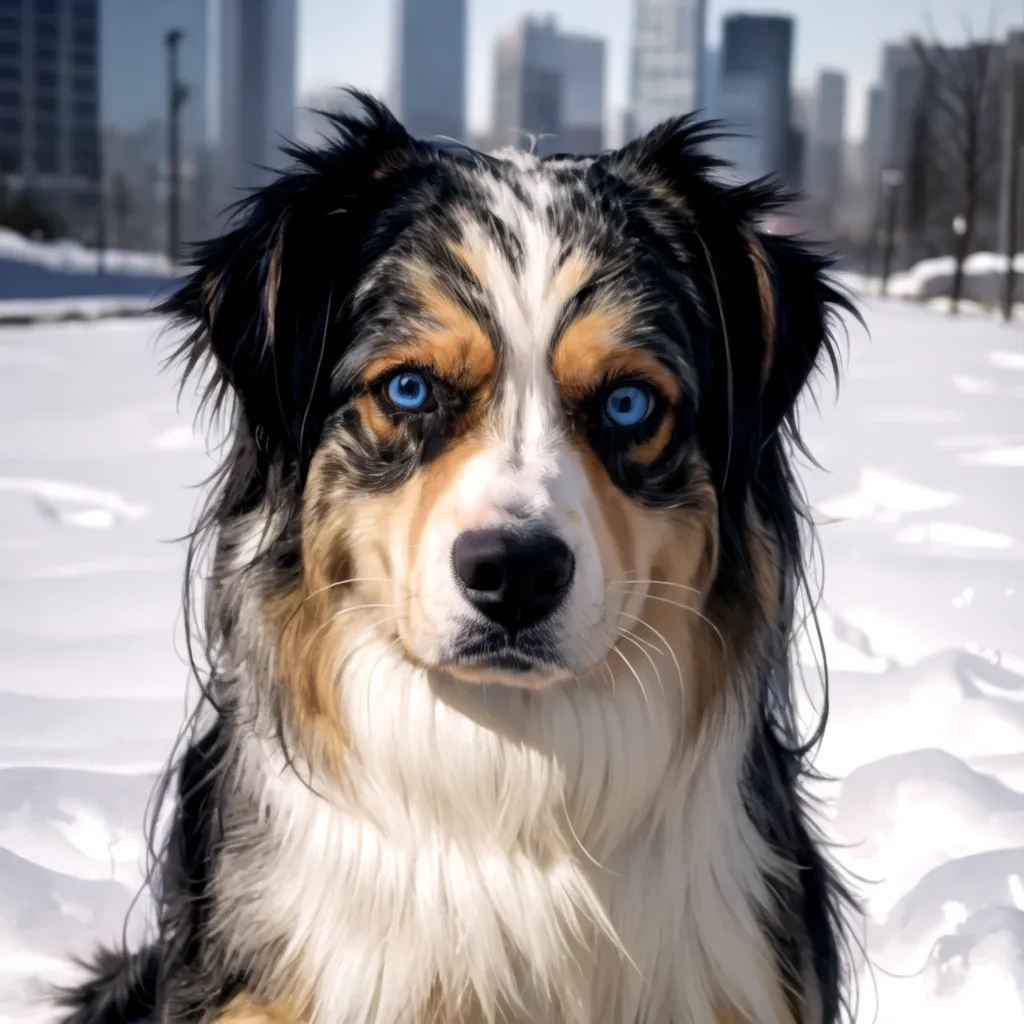 The image shows a dog with striking blue eyes. The dog is standing in the snow, and there are buildings in the background. The dog has long, wavy fur that is black, white, and tan. It is looking at the camera with an alert expression.