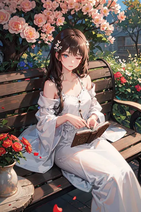 Une belle jeune fille d'anime aux longs cheveux bruns et aux yeux bleus est assise sur un banc dans un jardin. Elle porte une robe blanche avec une écharpe rose et a un livre entre les mains. Le banc est entouré de fleurs roses et blanches et il y a un vase de roses rouges au sol à côté du banc. La jeune fille a un sourire doux sur le visage et regarde le livre qu'elle tient.