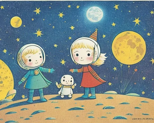 This is an illustration of two children in spacesuits standing on the moon. The children are holding hands. There are stars and planets in the background. The moon is yellow and has a crater on it. The children are wearing blue and red spacesuits. The child on the left has a yellow party hat on.