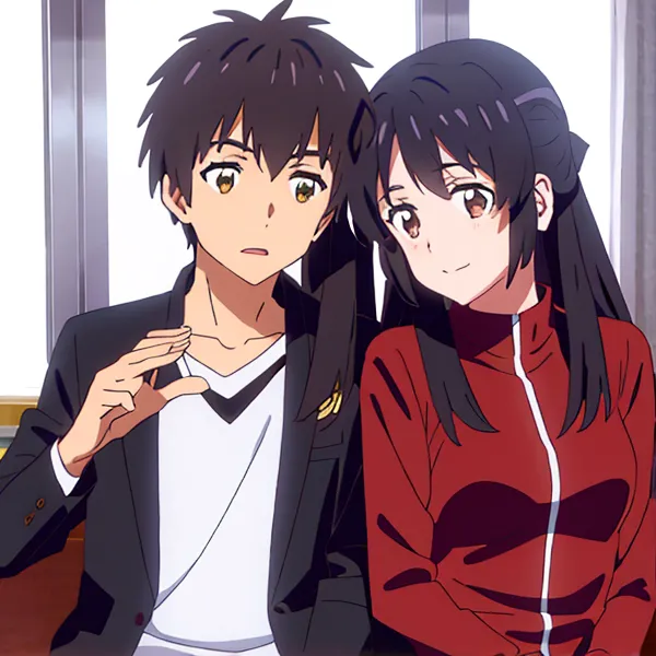 This is an image of two anime characters sitting next to each other. The boy has short black hair and brown eyes, and he is wearing a black suit jacket over a white shirt. He is looking at the girl with a surprised expression on his face. The girl has long black hair and brown eyes, and she is wearing a red tracksuit. She is looking at the boy with a gentle smile on her face. They are both sitting in a classroom.