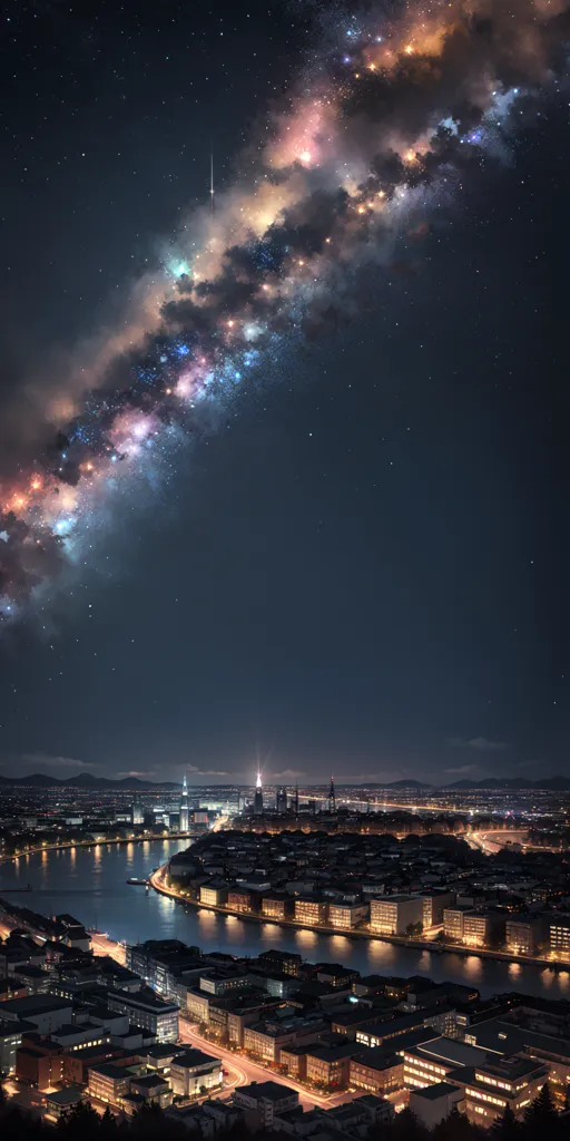 The image is a night sky over a city. The sky is dark and filled with stars and a bright, colorful nebula. The city is located on a river and is lit up by the lights of the buildings and streetlights. There is a mountain range in the distance.