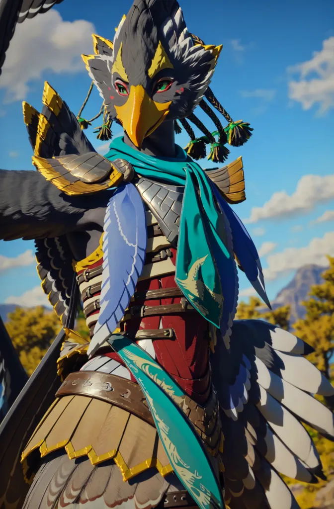 The image shows a humanoid bird-like creature standing on a cliff. The creature is wearing a blue scarf and a brown and yellow tunic. It has green eyes and a yellow beak. The creature is holding a sword in its right hand. In the background, there is a mountain range and a blue sky.