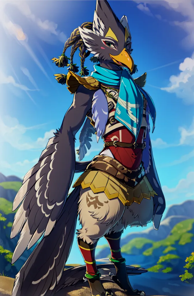 The image shows a tall, anthropomorphic bird-like creature standing on a rock in a mountainous landscape. The creature is wearing a red and blue tunic and has a blue scarf around its neck. It has brown feathers with gray and white markings on its wings and a yellow beak. The creature is looking to the left of the frame, towards the player. In the background, there are mountains, trees, and a blue sky.