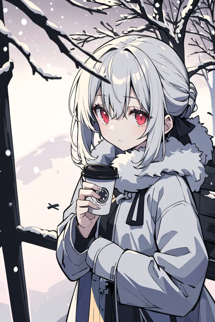 The image is an anime-style drawing of a young girl with long white hair and red eyes. She is wearing a white coat with fur trim and a black ribbon in her hair. The girl is standing in a snowy forest, and she is holding a coffee cup in her hands. She has a small, shy smile on her face. The image is drawn in a soft, realistic style, and the colors are muted and natural.