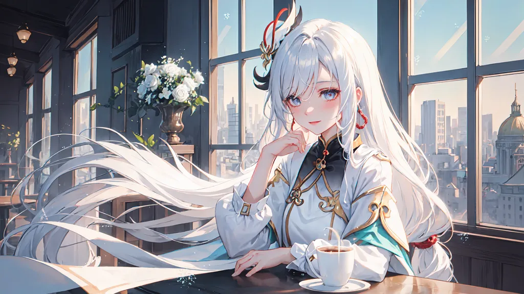 The picture shows a beautiful anime girl with long white hair and blue eyes. She is sitting in a cafe and looking out the window. She is wearing a white cheongsam with a blue and gold trim. There is a cup of tea on the table in front of her. There are flowers in a vase on the windowsill behind her. The background of the picture is a cityscape. There are tall buildings and a river in the distance.