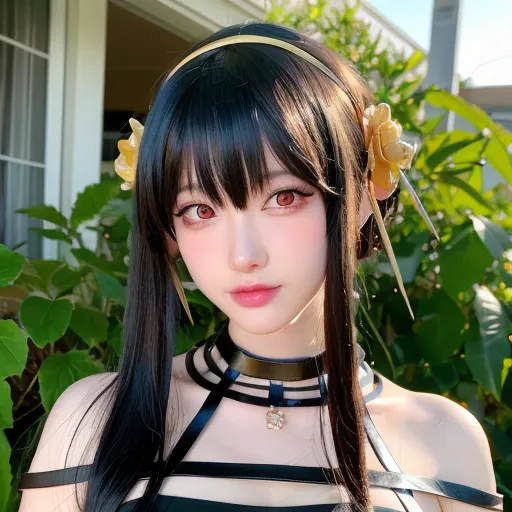 This is an image of a young woman dressed in a black and gold outfit. She has long black hair with a yellow headband and yellow and black hair accessories. She is wearing dark red lipstick and has black eyeliner on. She is also wearing a black choker with a gold pendant.