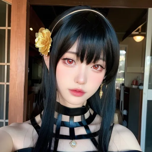 Esta é uma imagem de uma jovem mulher com cabelos pretos longos e olhos vermelhos. Ela está usando um choker preto e uma tiara dourada com uma flor amarela no lado direito da cabeça. O fundo está desfocado e a mulher está olhando para a câmera.